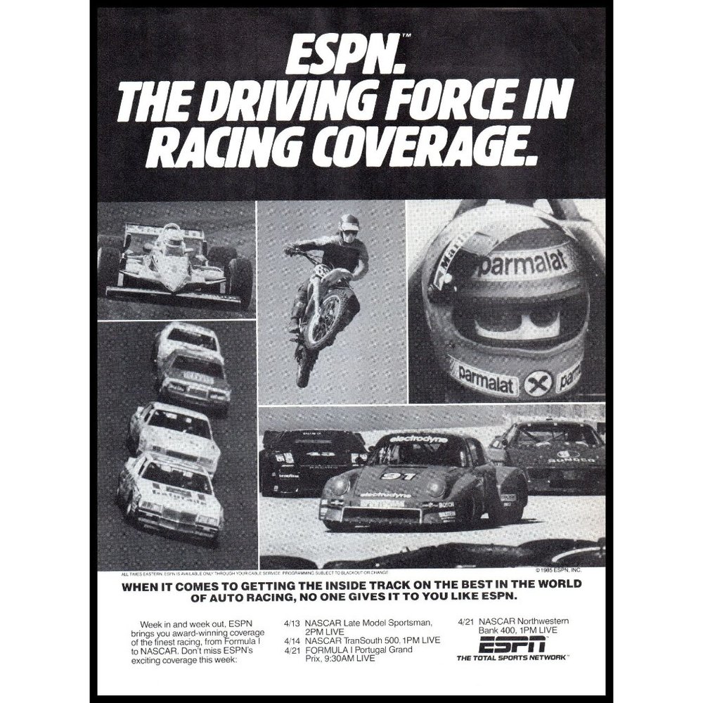 1985 ESPN Sports Network Vintage Print Ad NASCAR Indy Porsche Car Racing Photo